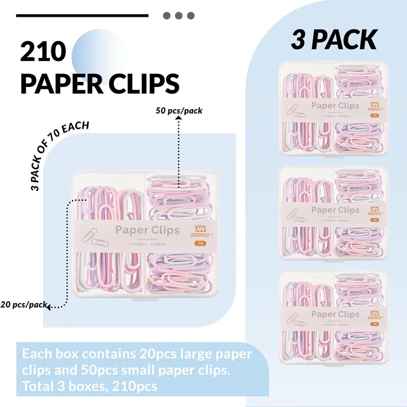 NEEWAY Colorful Paper Clips Assorted Sizes, Small and Large Paperclips, 210 Count, 3 Pack of 70 (Light Multicolor) - Image 3